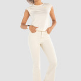Playera Beige Slim para Mujer - Rib Manga Corta