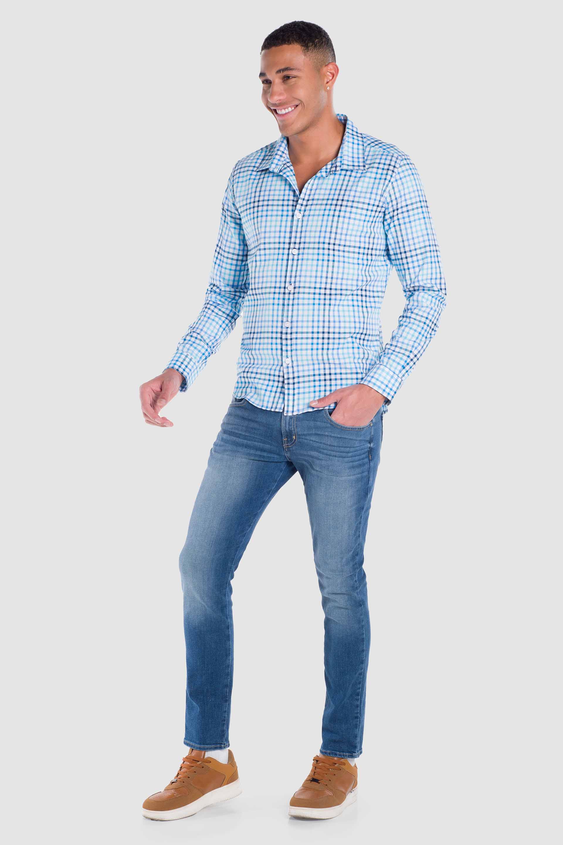 Pantalón Camisa De Hombre Cuadros Azul Camisa Azul Claro Slim Para